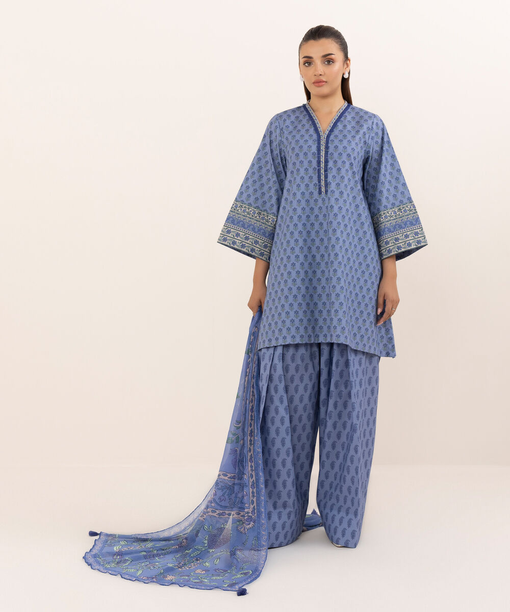 Women's Unstitched Cotton Printed Purple Three Piece Suit