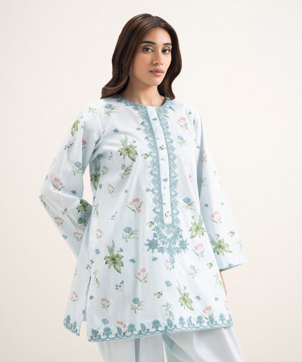 Women's RTW Cambric Embroidered Blue Straight Shirt