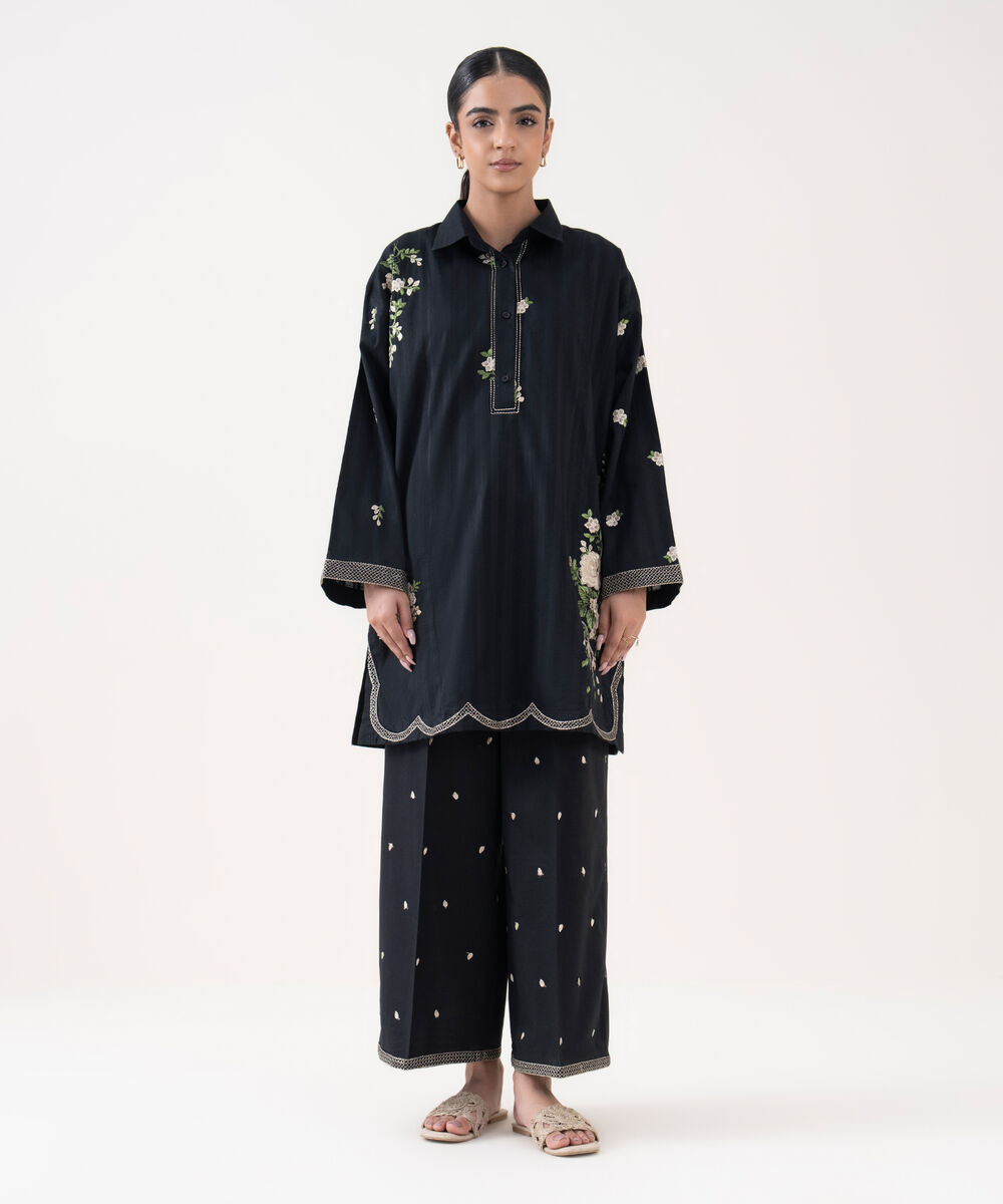 Women's RTW Textured Lawn Black Embroidered Drop Shoulder Shirt