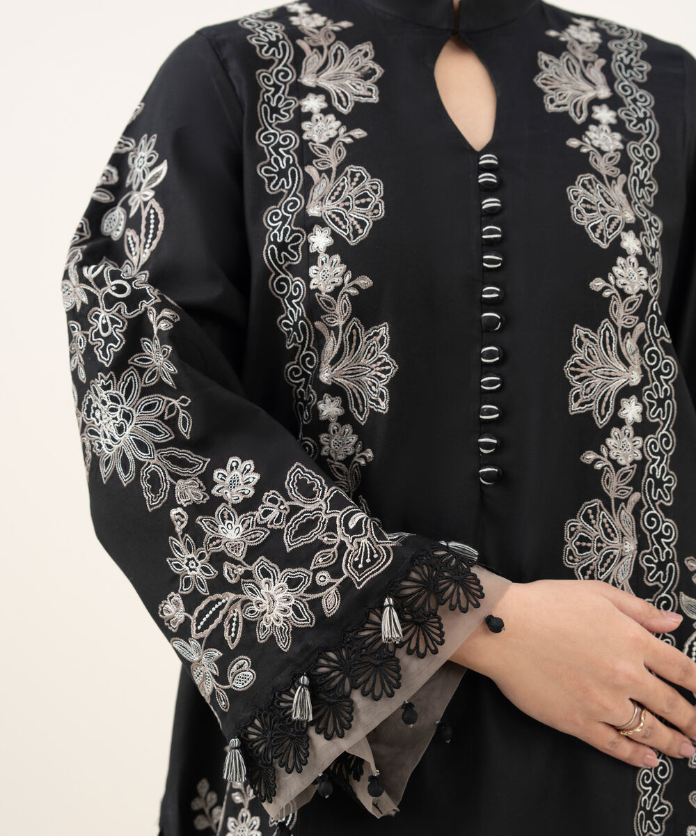 Women's Unstitched Embroidered Fine Cotton Satin Black 3 Piece Suit