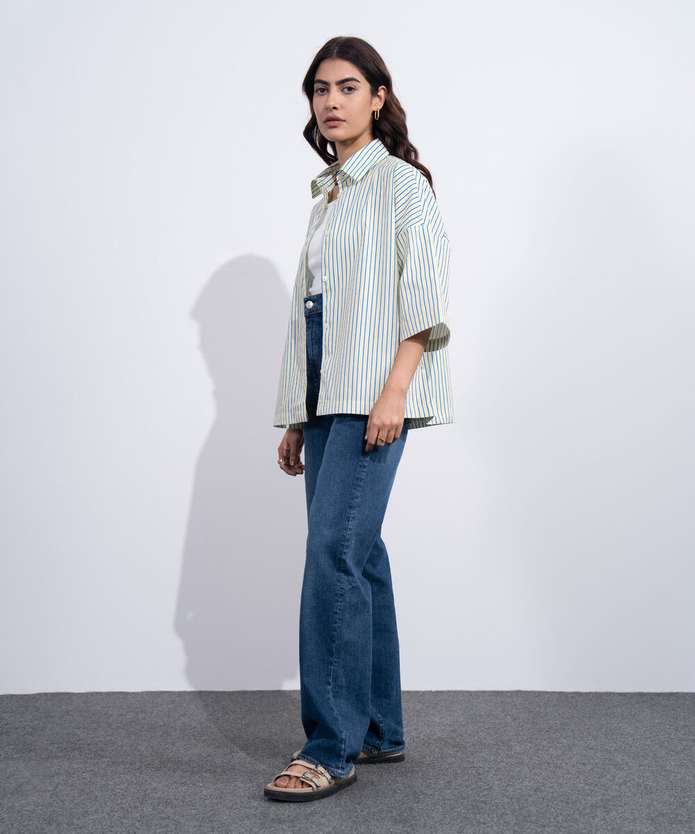 Women's Western Yellow And Blue Boxy Stripe Printed Shirt
