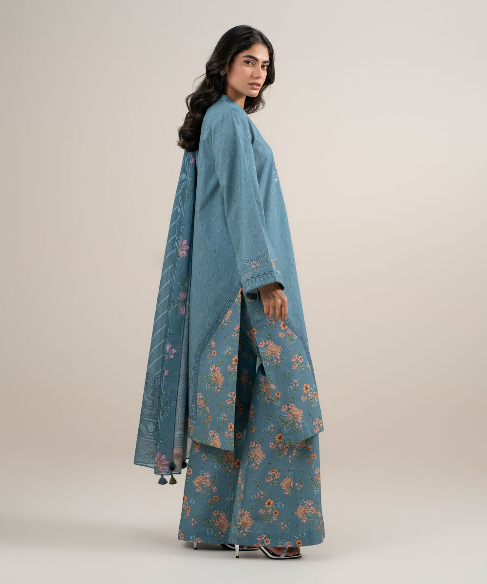 Women's Unstitched Lawn Embroidered Gray Blue 3 Piece Suit