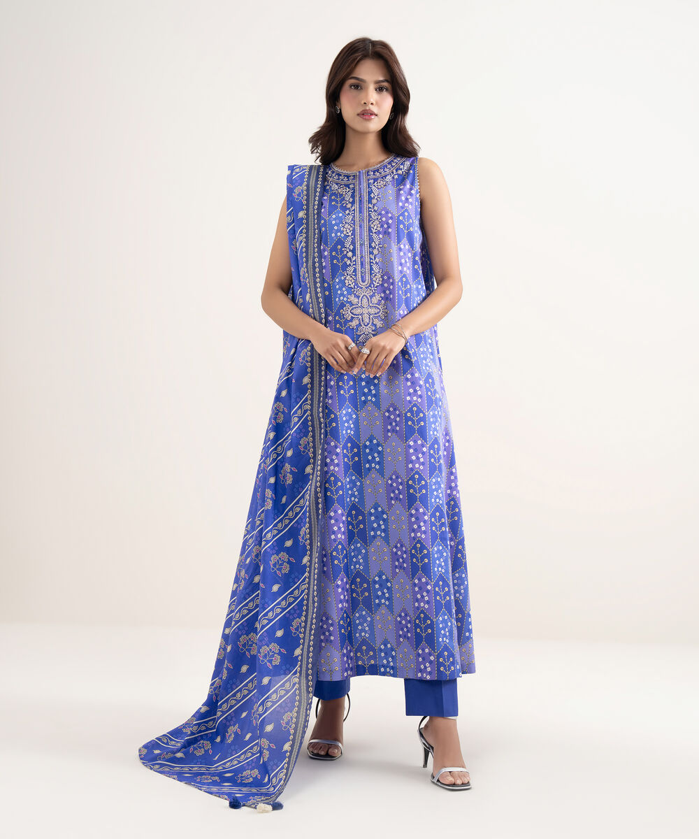 Women's Unstitched Lawn Blue Embroidered 3 Piece Suit