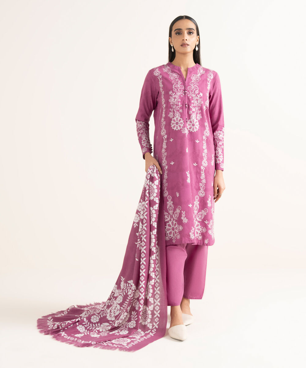 Women's Unstitched Cotton Jacquard Embroidered Magenta  3 Piece Suit