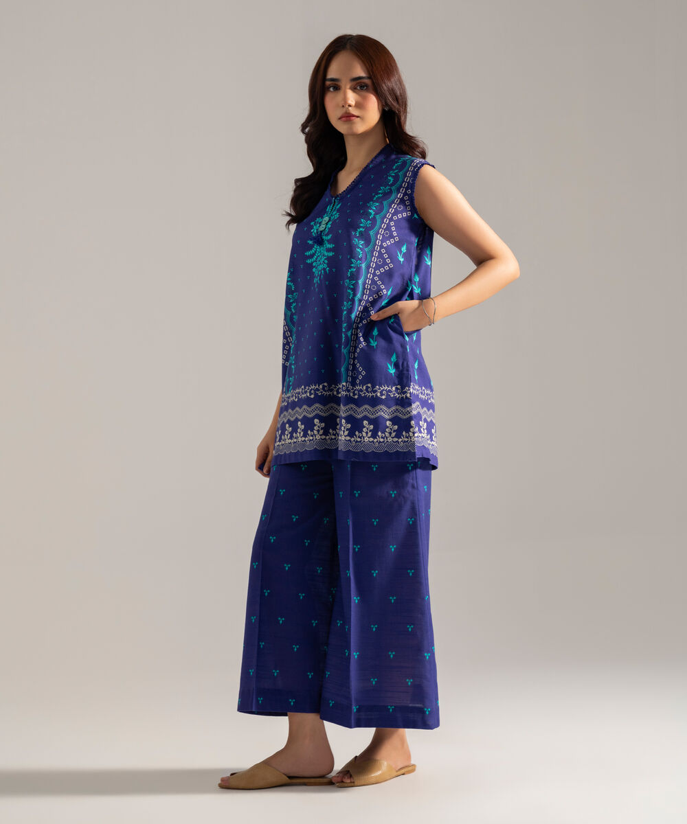Women's RTW Printed Blue Khaddar Straight Shirt