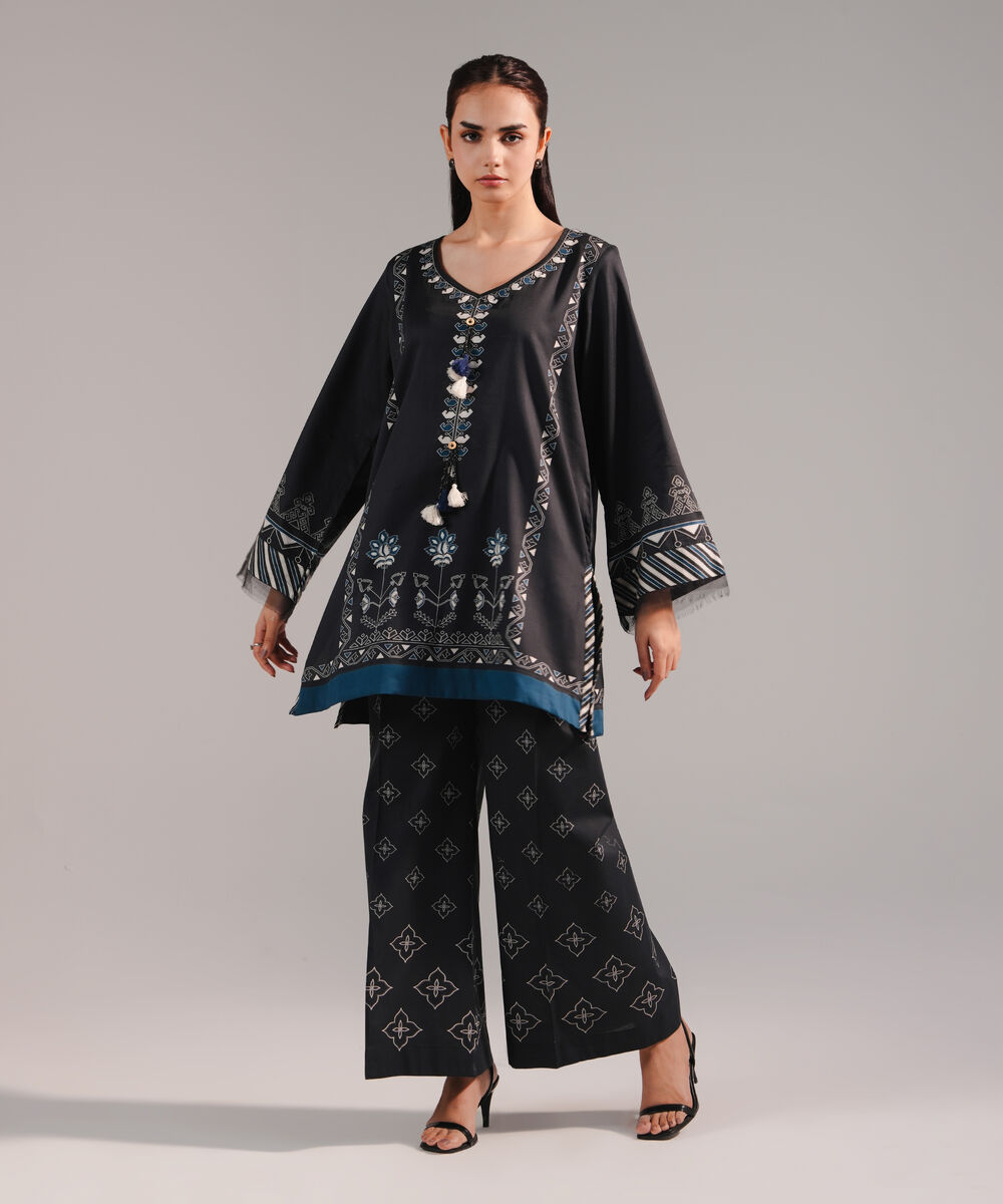 Women's RTW Cotton Satin Printed Black Straight Shirt