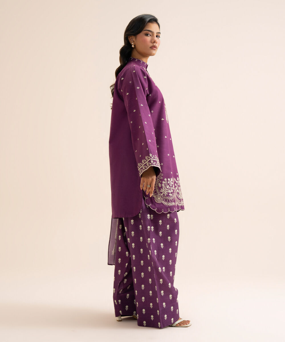 Women's Unstitched Light Khaddar Embroidered Purple 3 Piece Suit