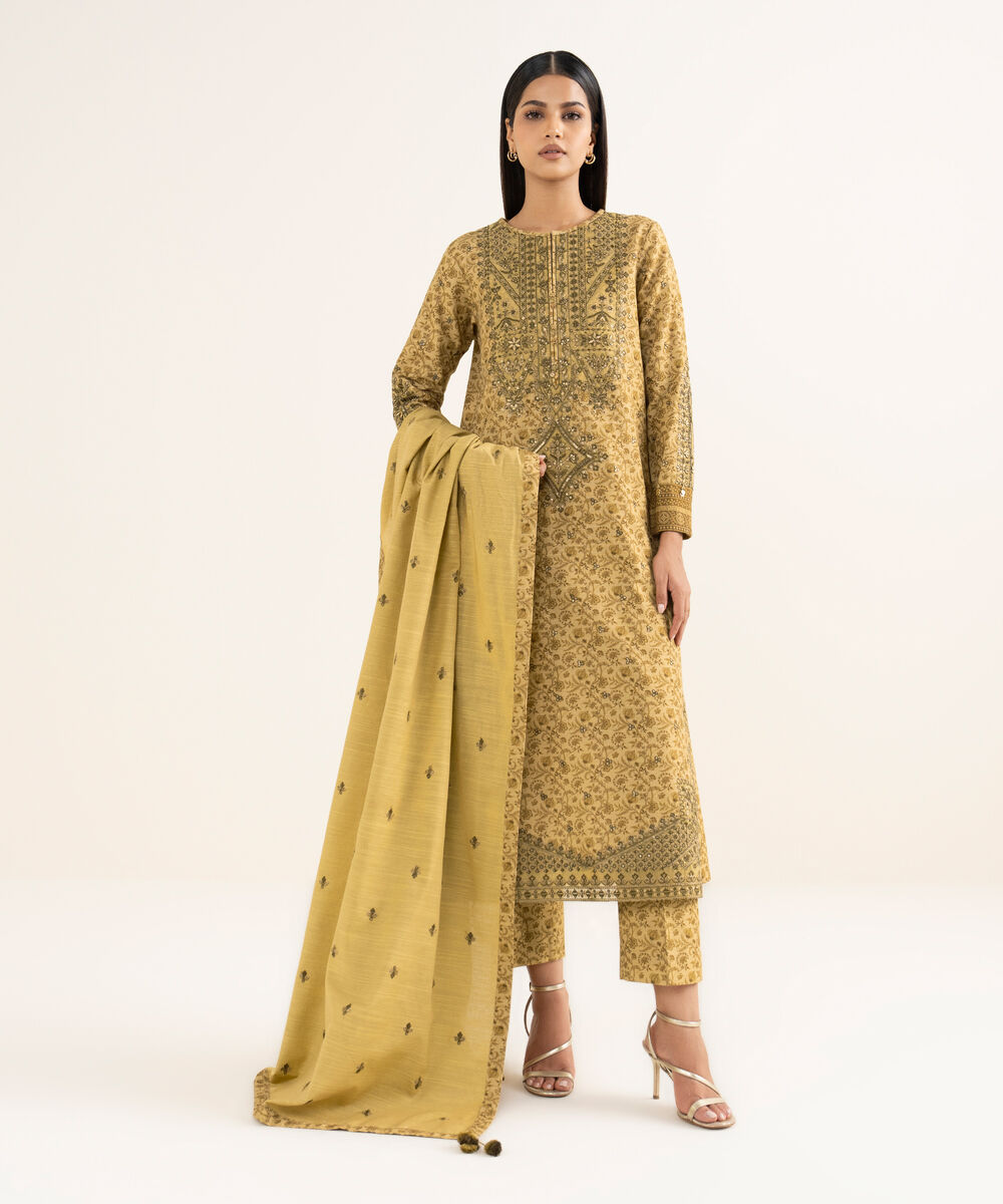 Women's Unstitched Cotton Embroidered Yellow 3 Piece Suit