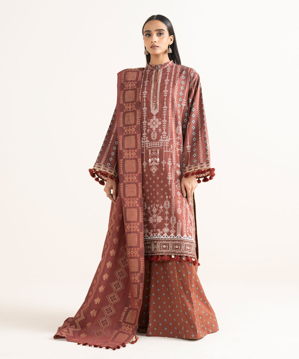 Women's Unstitched Fine Cotton Satin Embroidered Brown  3 Piece Suit