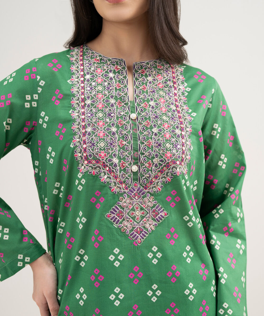 Women's RTW Lawn Embroidered Green Straight Shirt