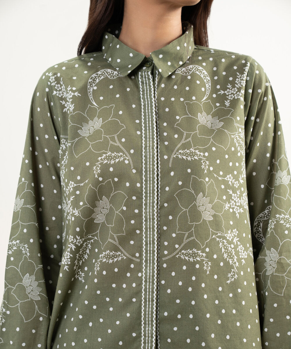 Women's RTW Lawn Printed Green Straight Shirt