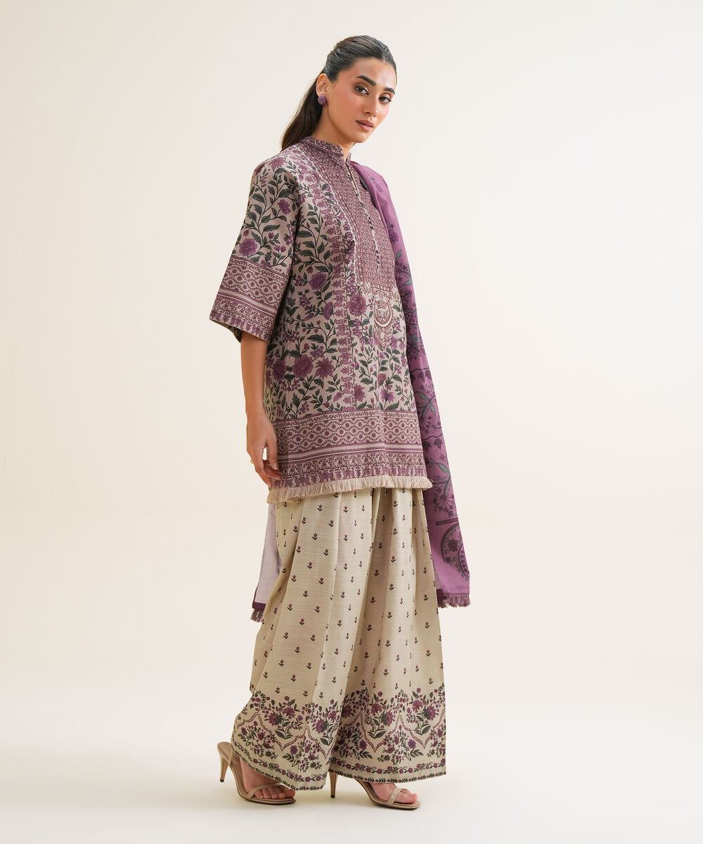 Women's Unstitched Cotton Printed Tea Pink 3 Piece Suit