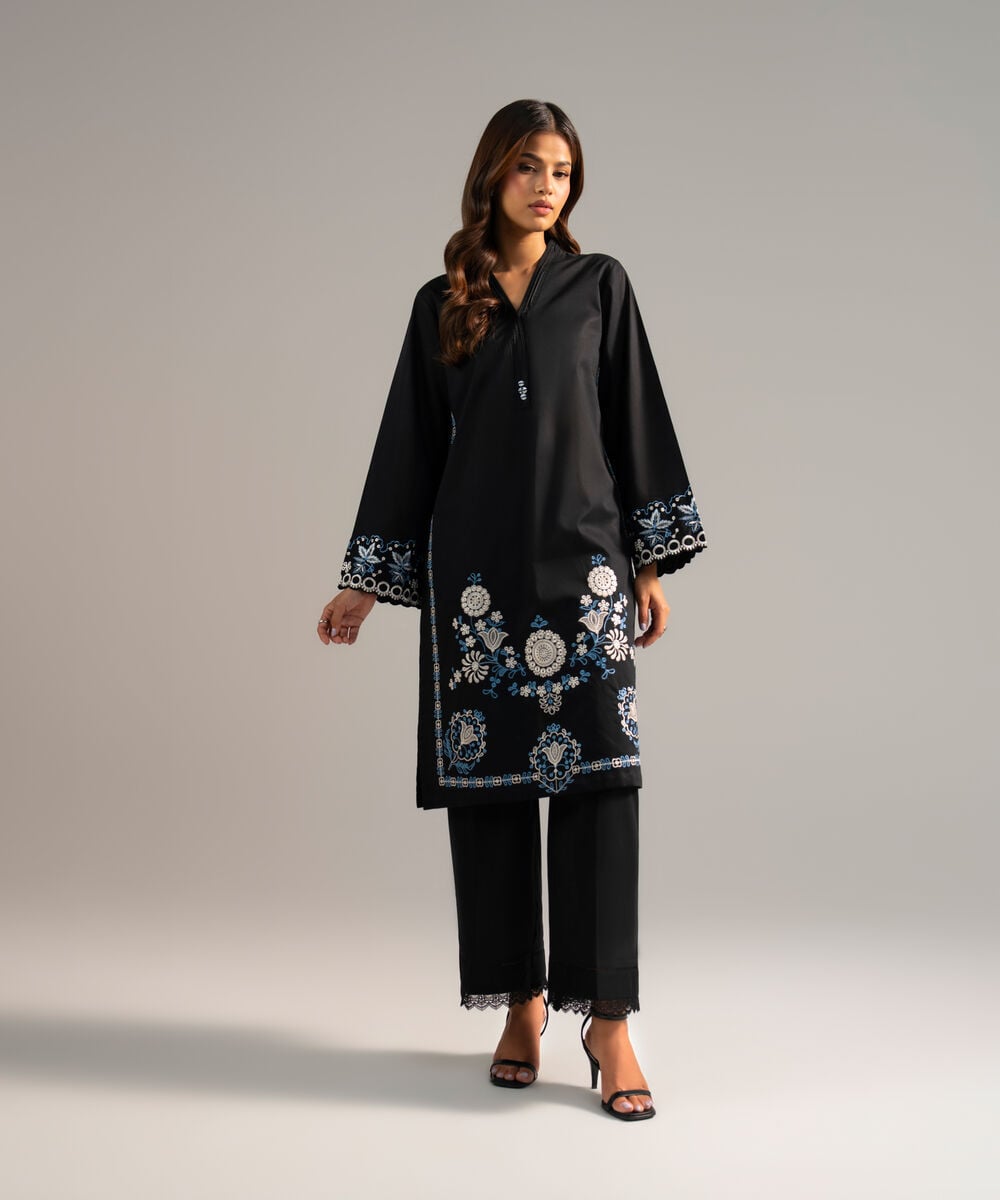 Women's RTW Crosshatch Embroidered Black Straight Shirt