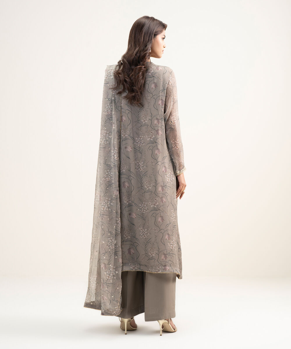 Women's RTW Blended Chiffon Embroidered Dark Beige 3 Piece Suit