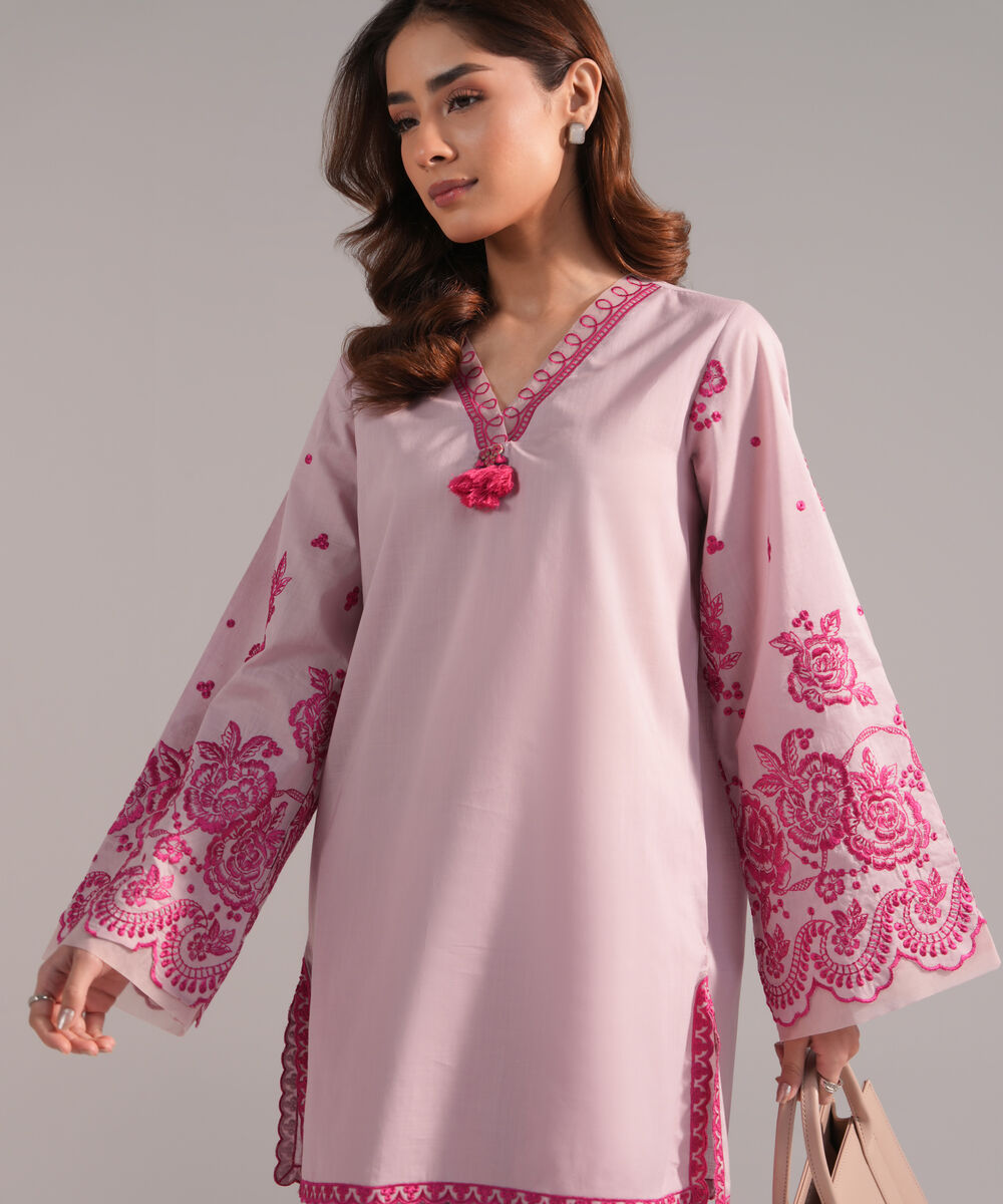 Women's RTW Crosshatch Embroidered Light Purple Straight Shirt