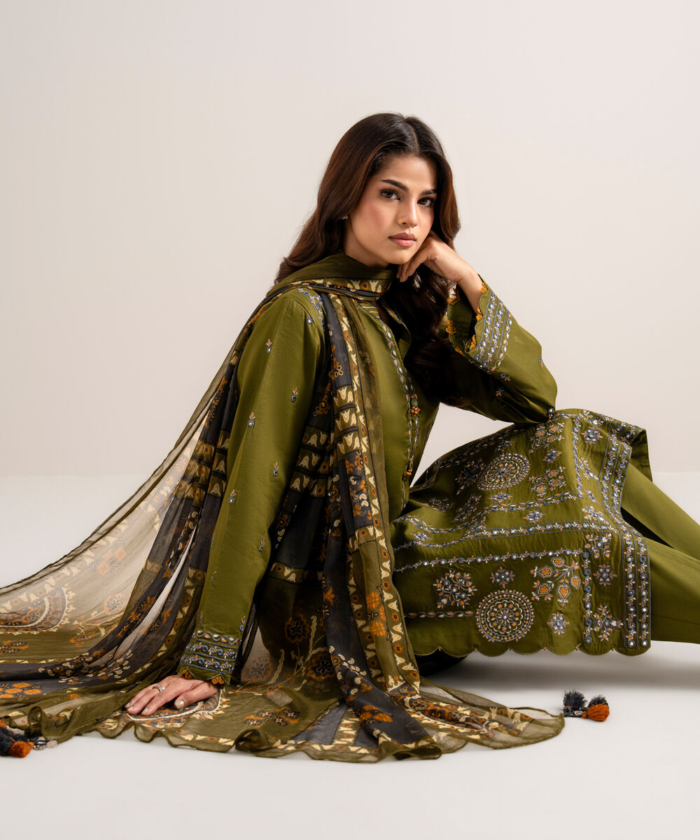 Women's Unstitched Embroidered Cotton Viscose Olive Green 3 Piece Suit