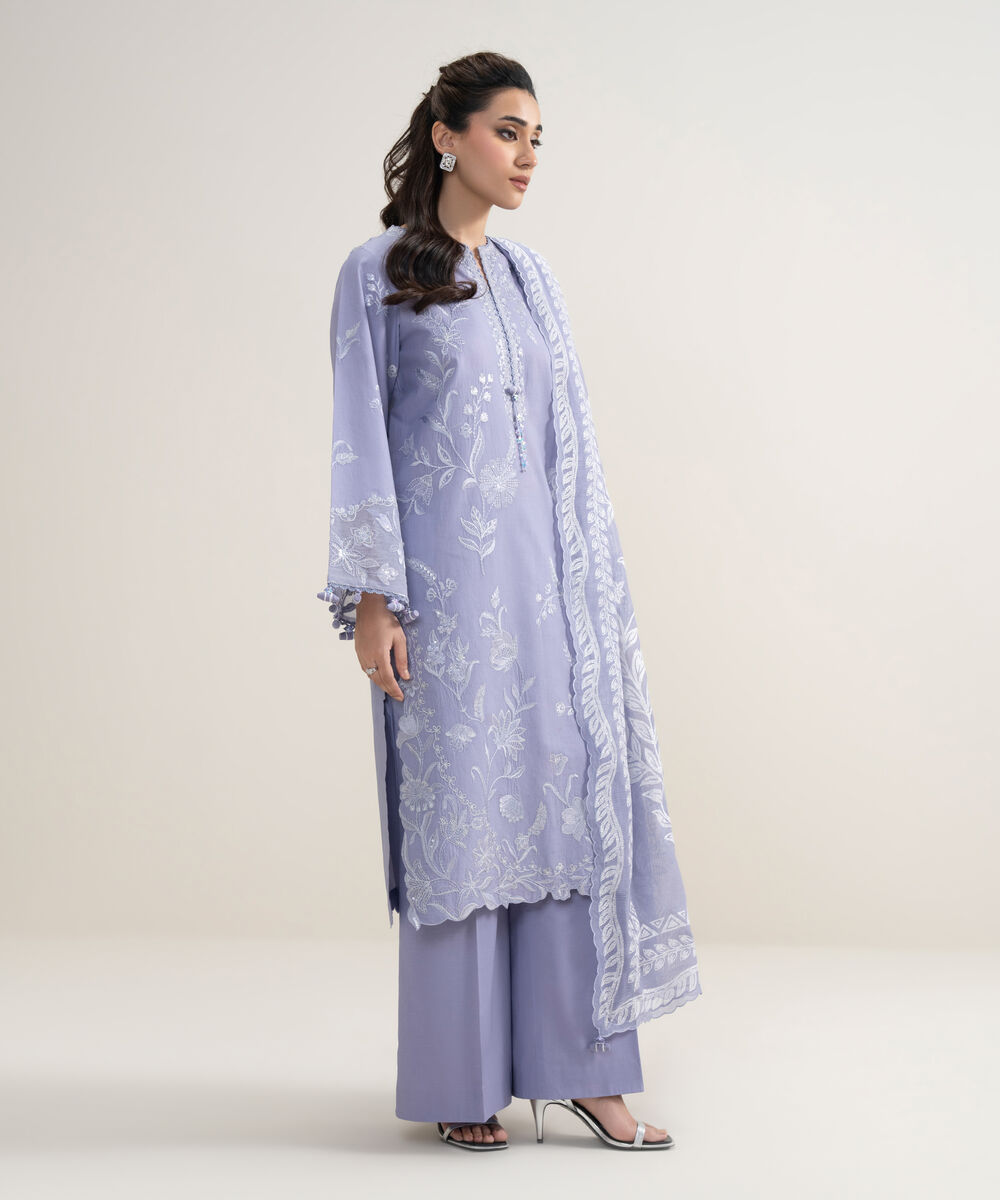 Women's Unstitched Textured Lawn Embroidered Purple 3 Piece Suit