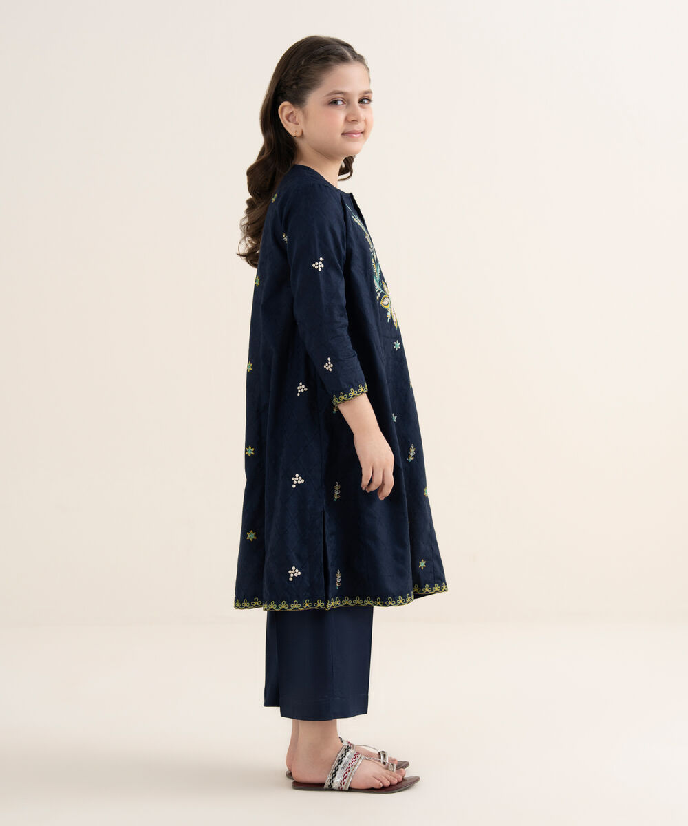 Girl's Self Jacquard Embroidered Blue 2 Piece Suit
