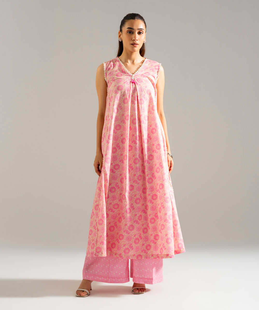 Women's RTW Slub Lawn Printed Pink A-Line Shirt