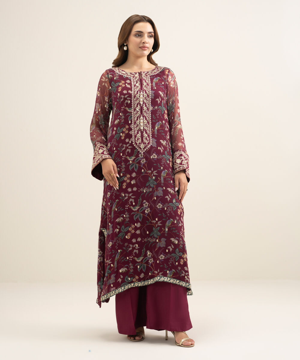 Women's RTW Blended Chiffon Embroidered Pink 2 Piece Suit