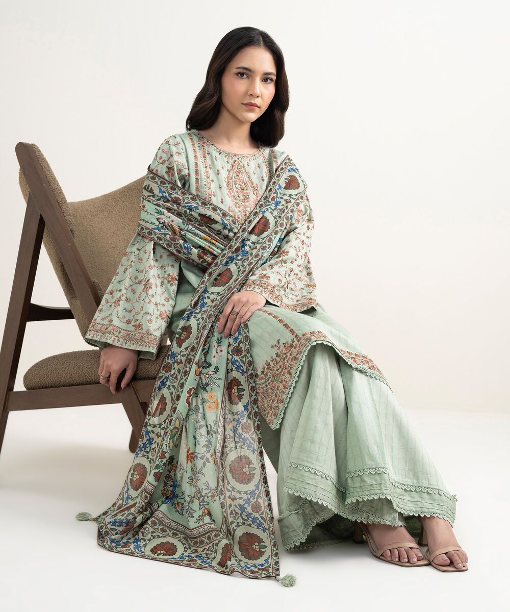 Women's RTW Dobby Embroidered Green 3 Piece Suit