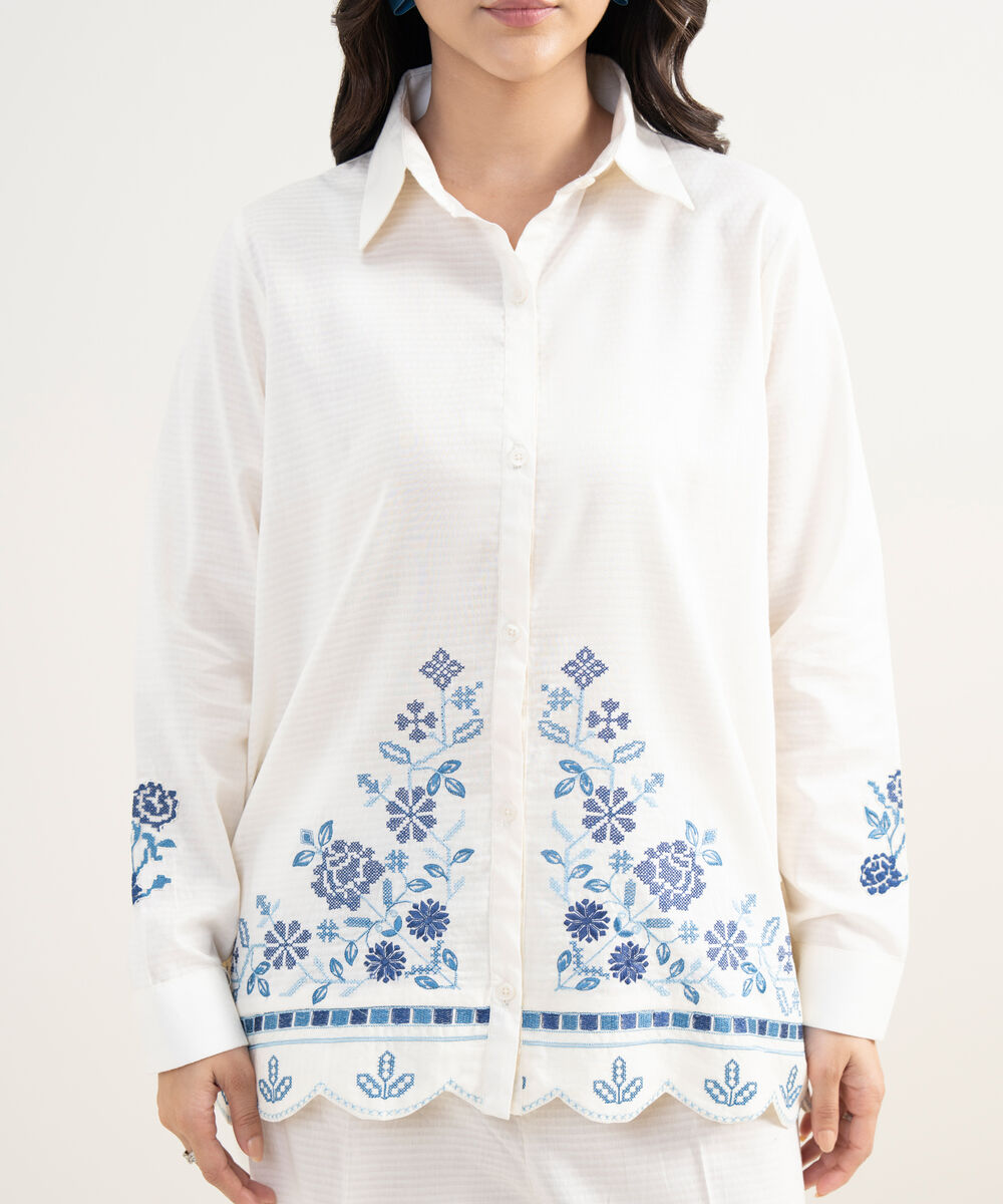 Women's RTW Dobby Embroidered Off White Straight Shirt