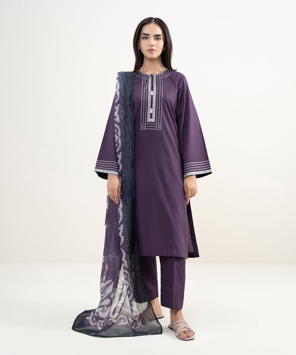 Women's RTW Dobby Embroidered Purple A-Line Shirt