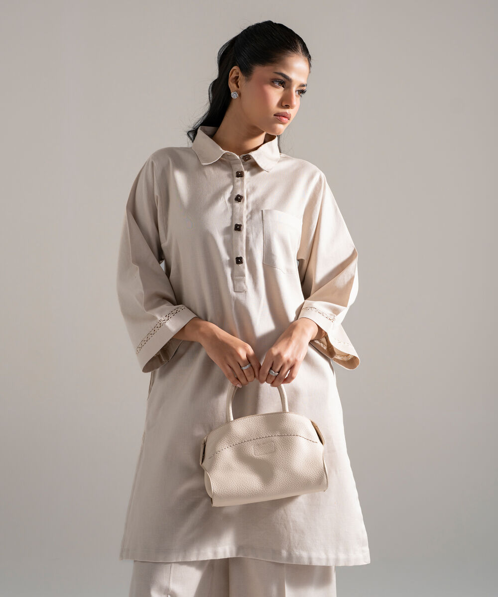 Women's RTW Cotton Linen Solid Beige 2 Piece Suit