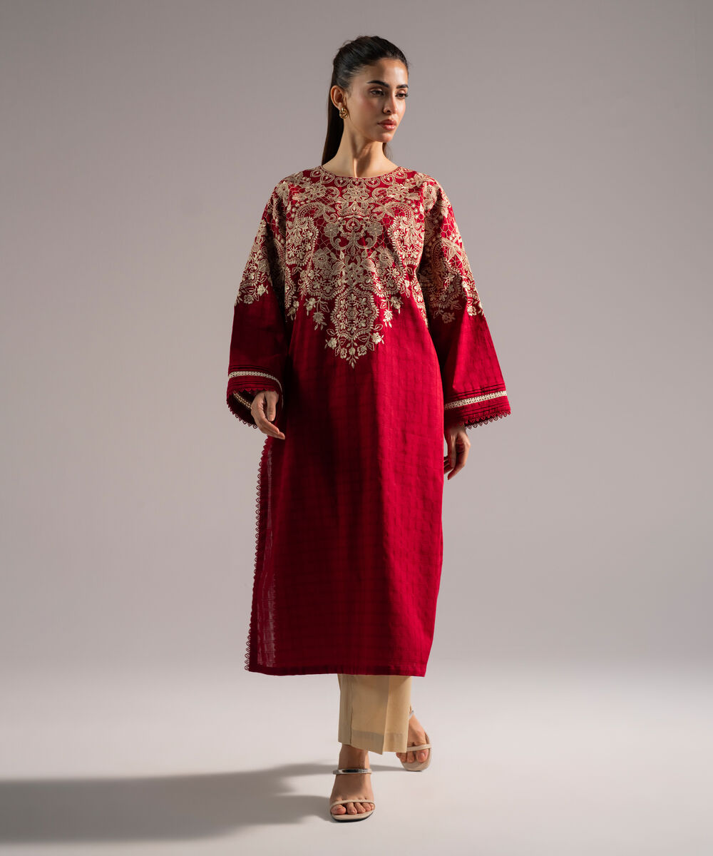 Women's RTW Dobby Embroidered Straight Red Shirt