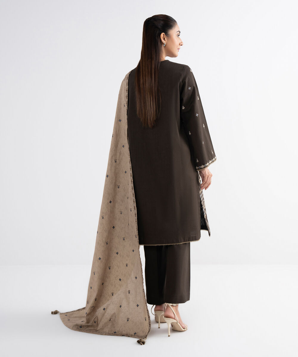 Women's Unstitched Cross Hatch Embroidered Brown 3 Piece Suit