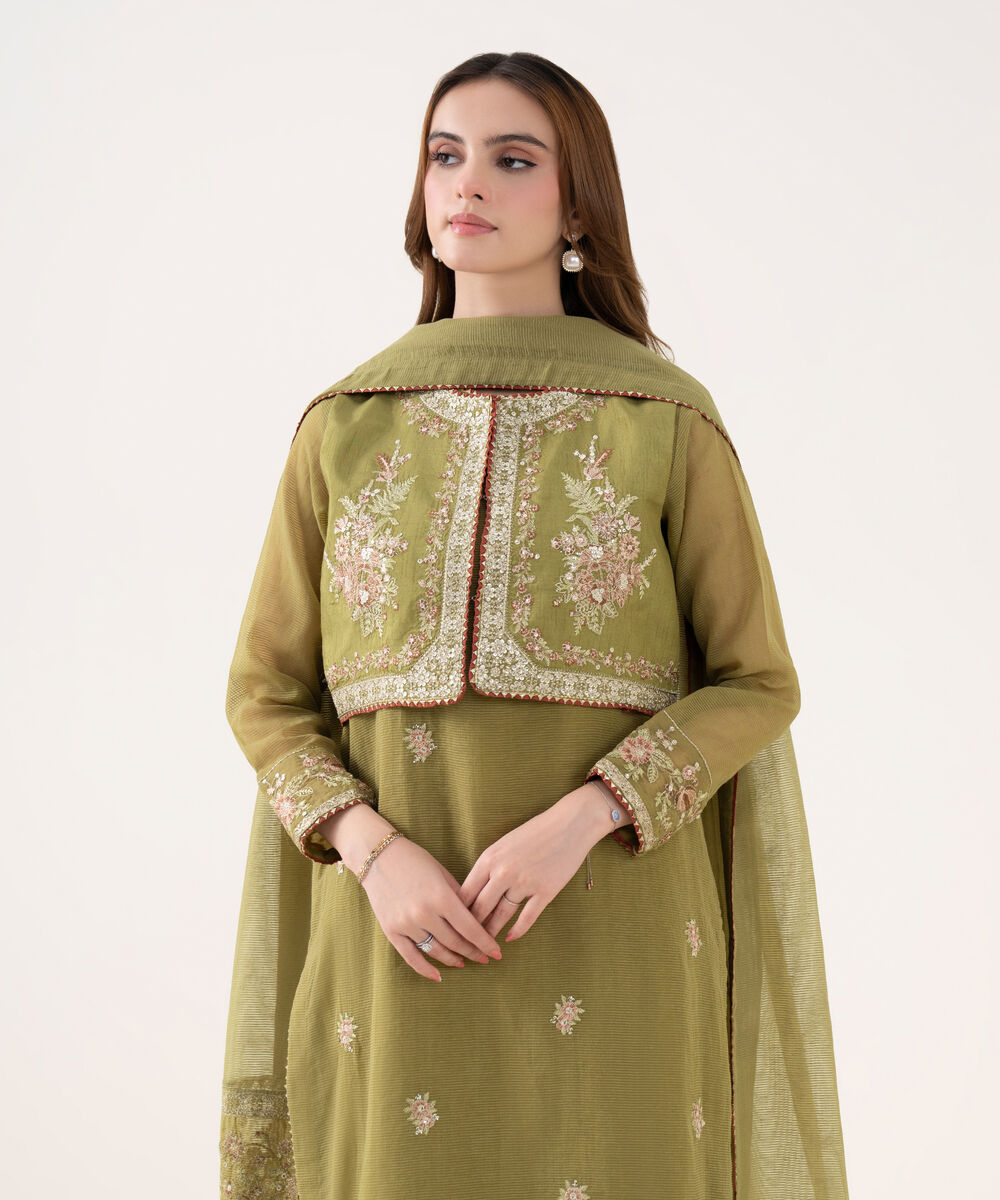 Women's RTW Blended Karandi Embroidered Olive Green 3 Piece Suit