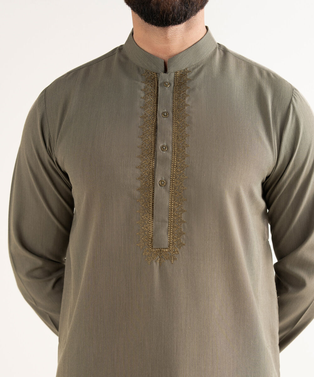 Men's Premium Wash And Wear Embroidered Olive Kurta Shalwar