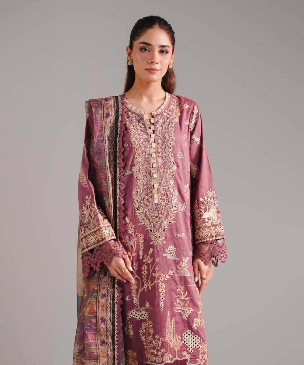 Women's RTW Self Jacquard Embroidered Muted Mauve 3 Piece Suit