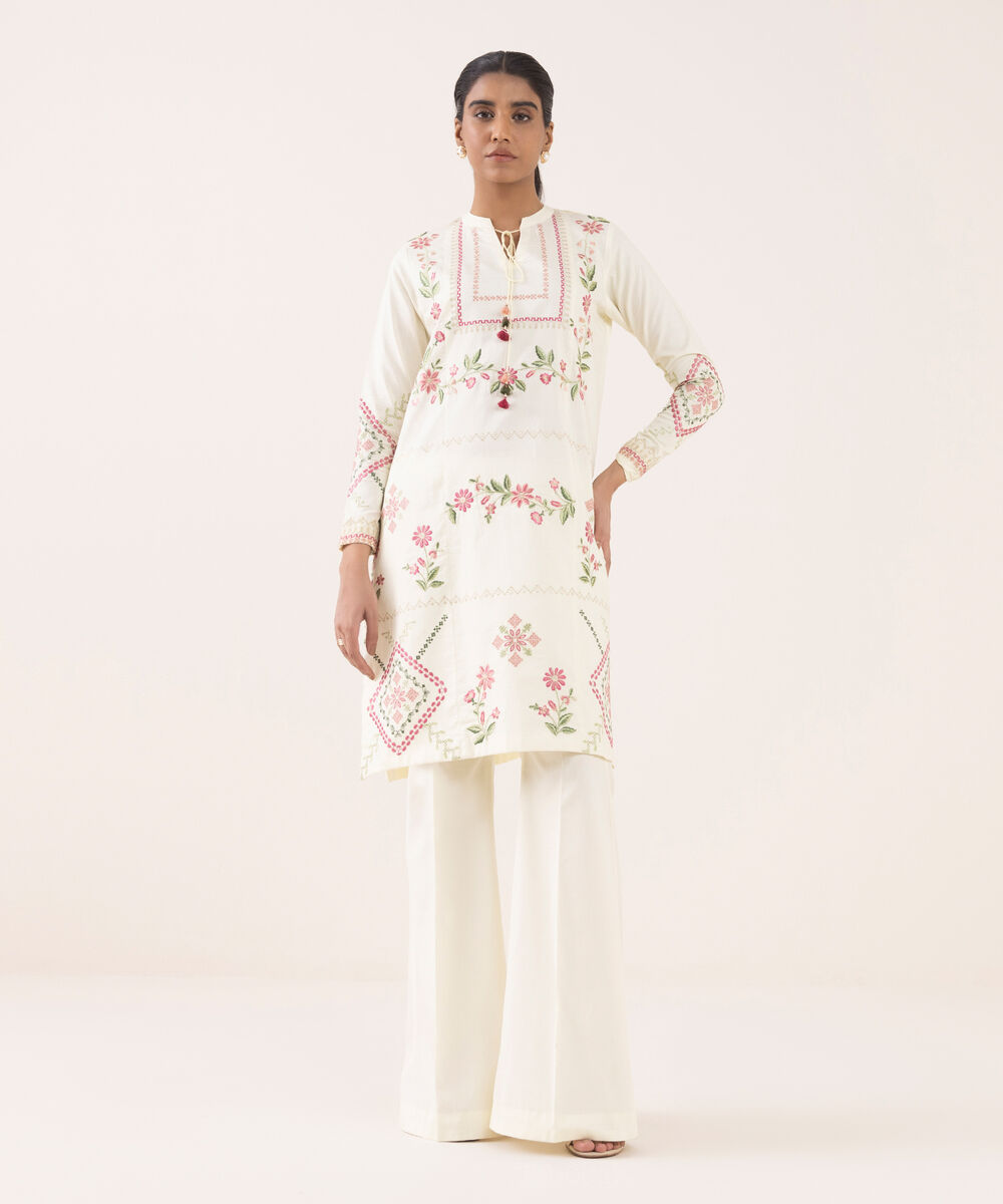 Women's Unstitched Cotton Embroidered Off White Two Piece Suit