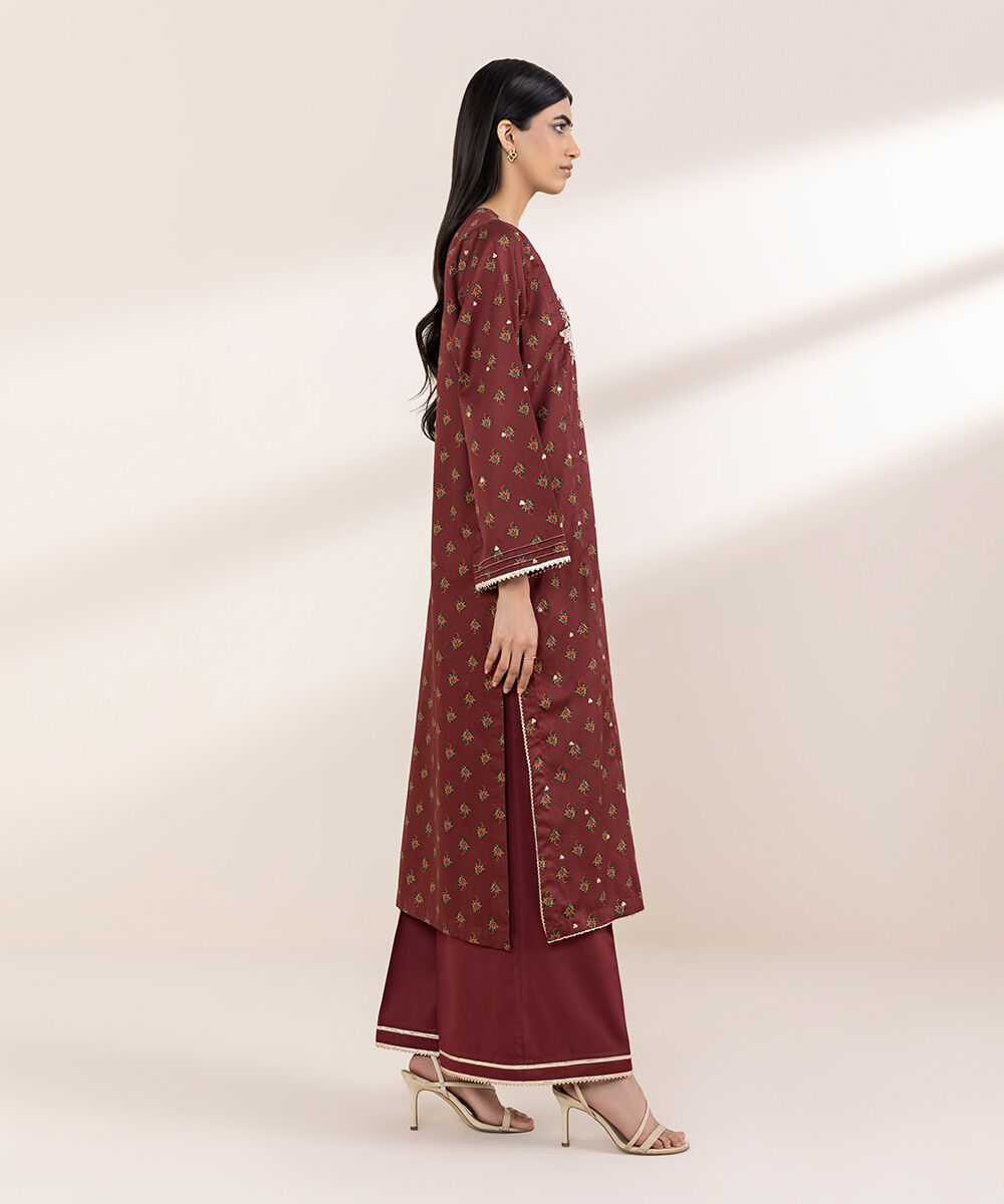 Women's RTW Cotton Satin Red Embroidered A-Line Shirt