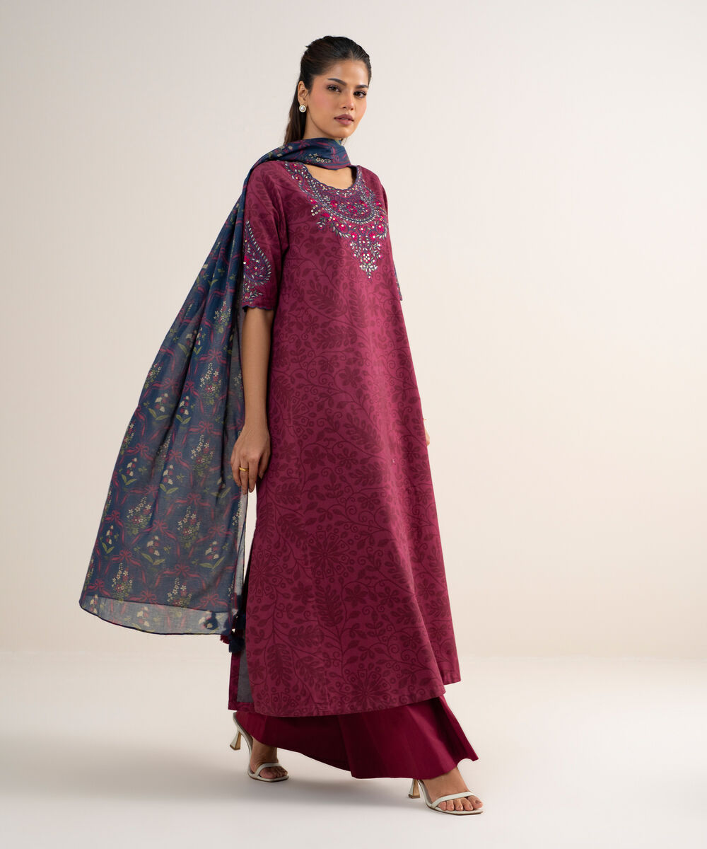 Women's Unstitched Cotton Embroidered Red 3 Piece Suit