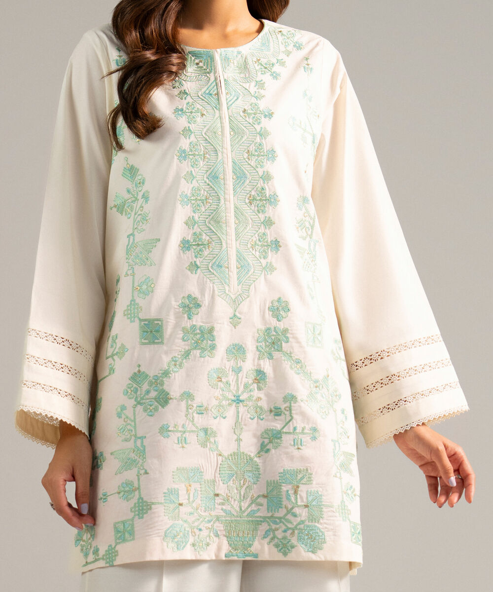 Women's RTW Poplin Embroidered Off White Straight Shirt