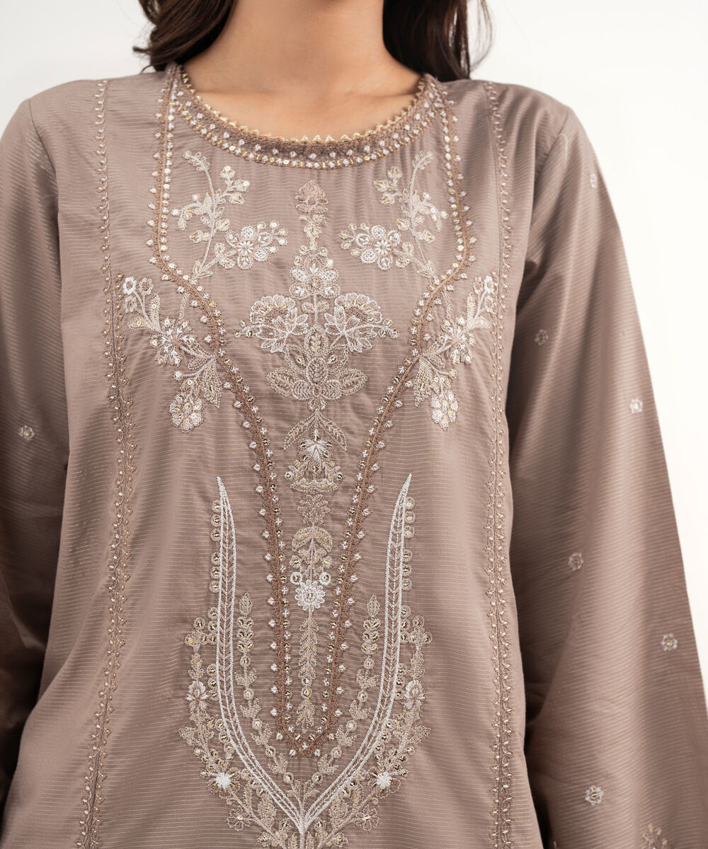 Women's RTW Zari Lawn Embroidered Brown 2 Piece Suit