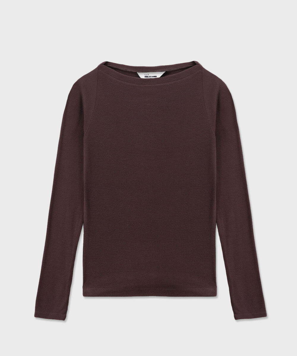 Women's Western Wear Brown Slash Neck Rib Top