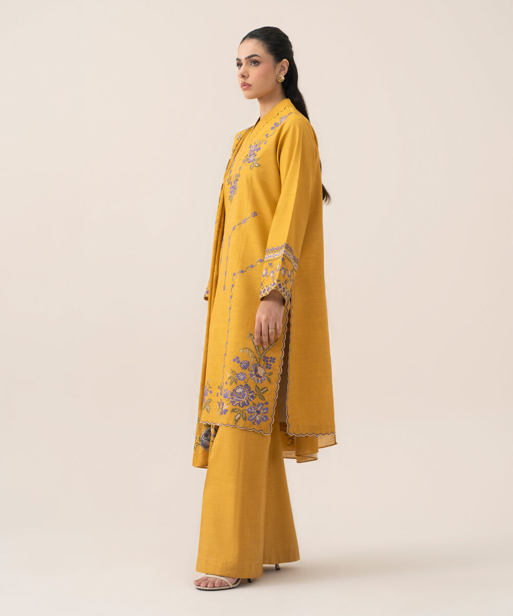 Women's Unstitched Lawn Embroidered Mustard 3 Piece Suit