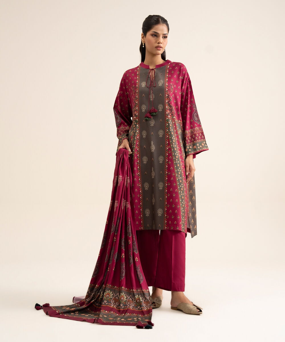 Women's Unstitched Viscose Linen Printed Magenta 3 Piece Suit