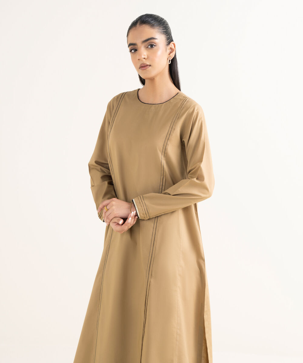 Women's RTW Cambric Solid A-Line Beige Shirt