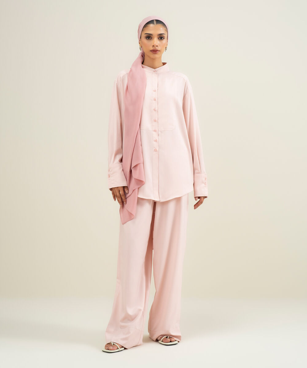 Women's Pink Viscose Belnd Button Down