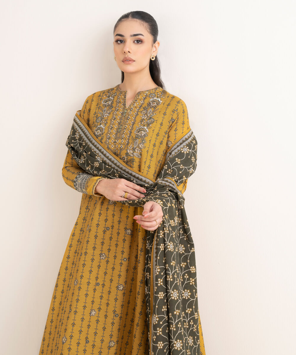 Women's Unstitched Embroidered Khaddar Yellow 3 Piece Suit