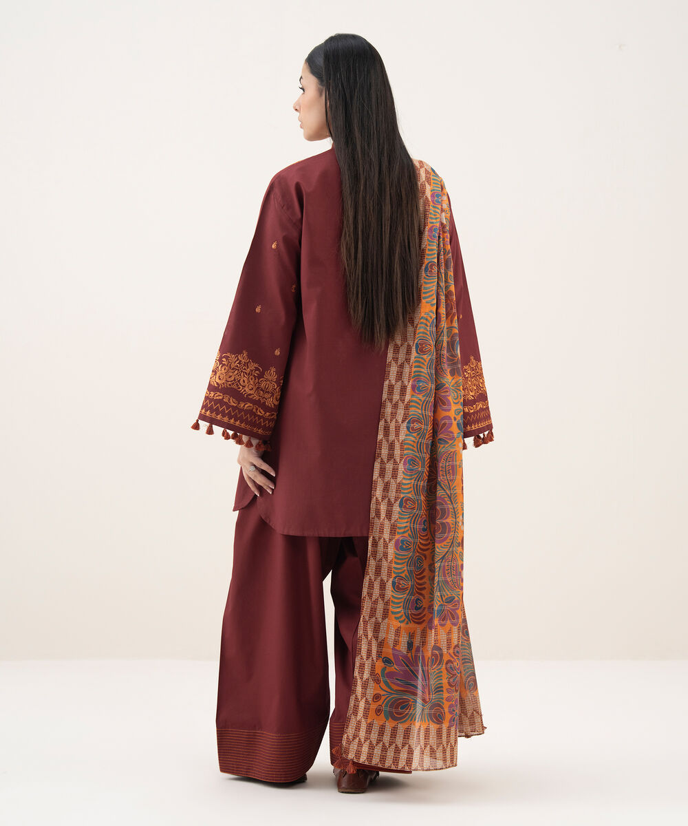 Women's Unstitched Cotton Viscose Embroidered Red 3 Piece Suit