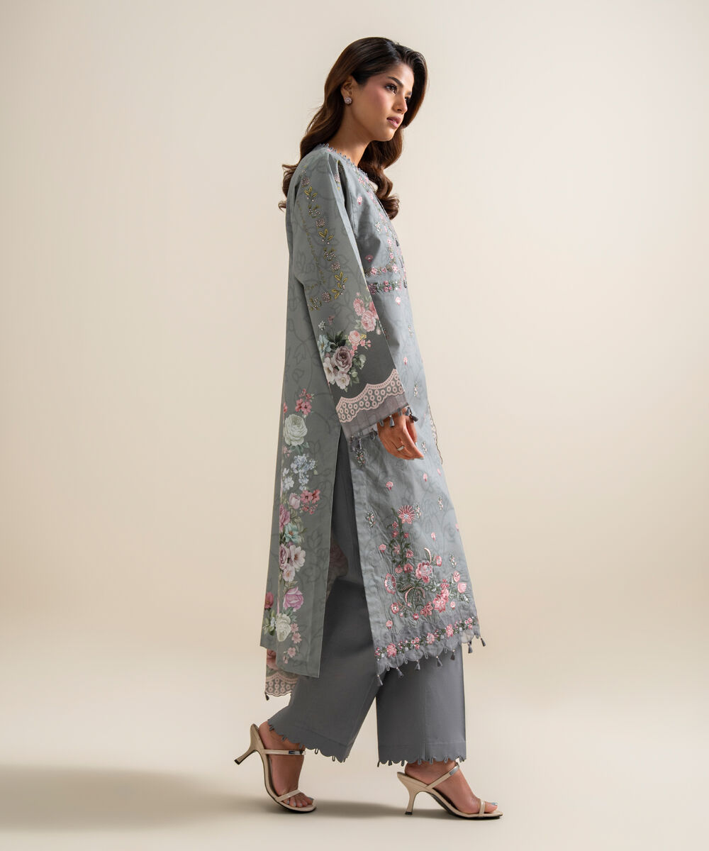 Women's Unstitched Lawn Embroidered Grey 3 Piece Suit