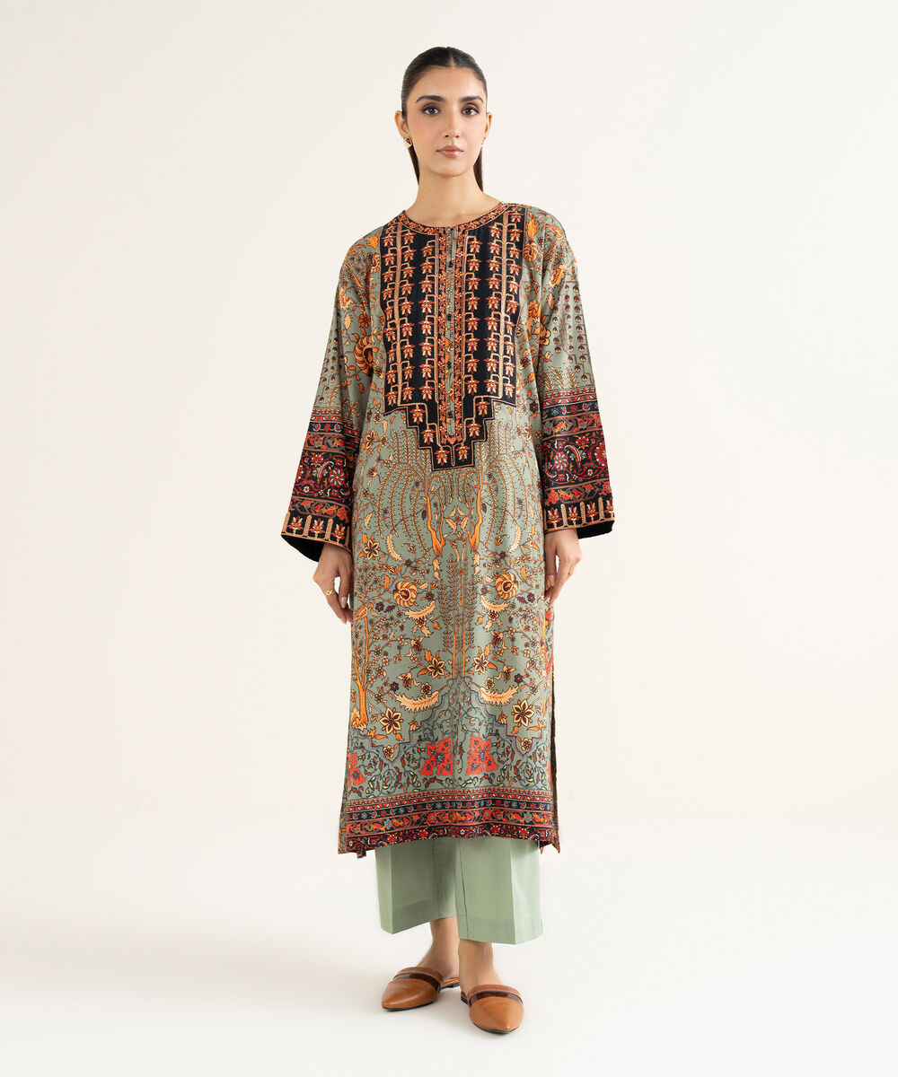 Women's RTW Linen Viscose Embroidered Green Drop Shoulder Shirt