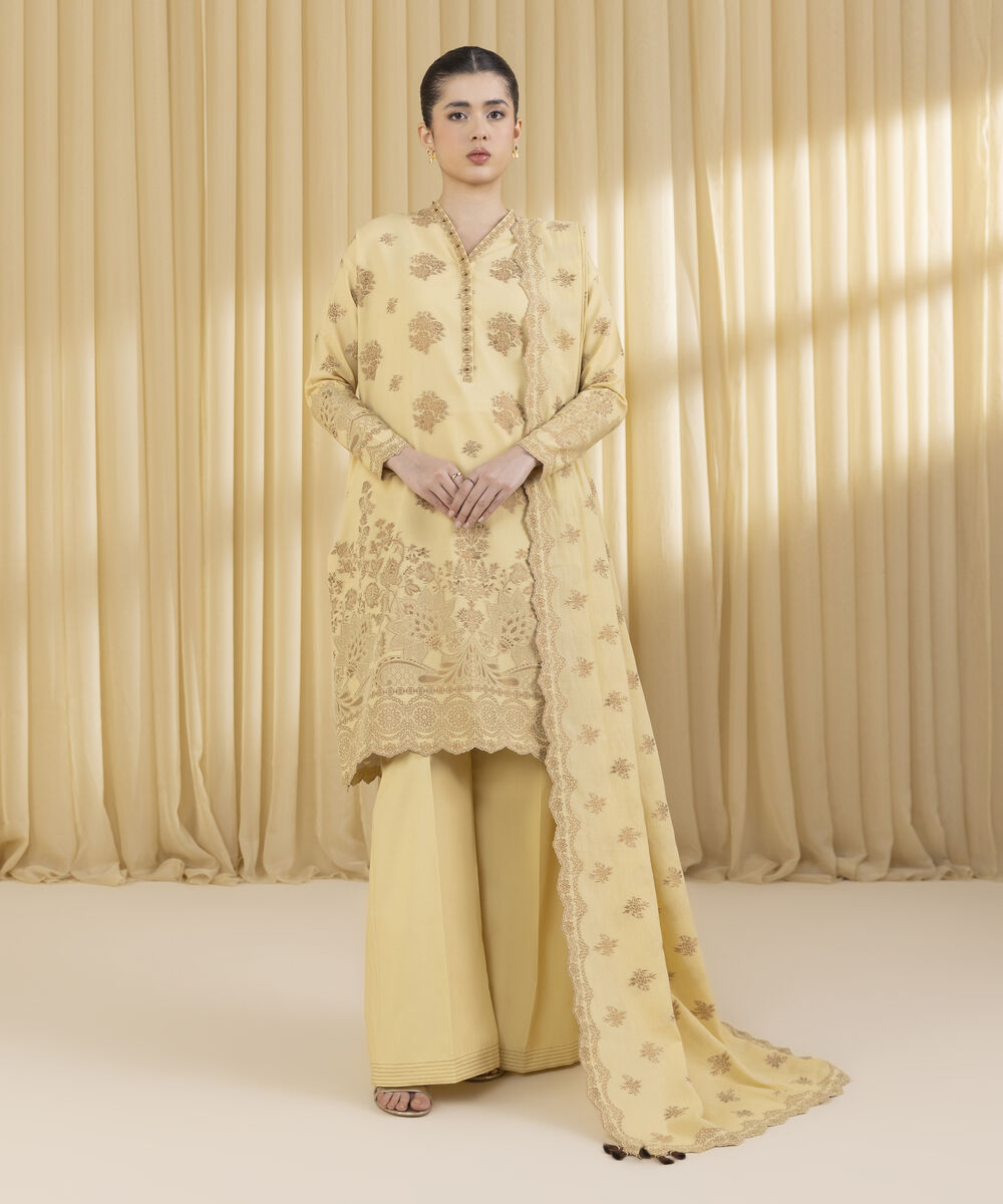 Unstitched Women's Yellow Extra Weft Jacquard 3 Piece Suit