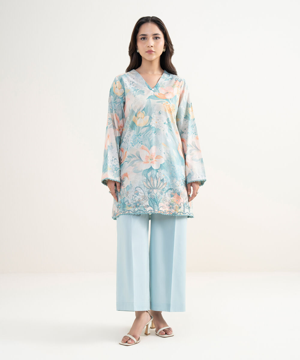 Women's RTW Lawn Embroidered Blue Straight Shirt