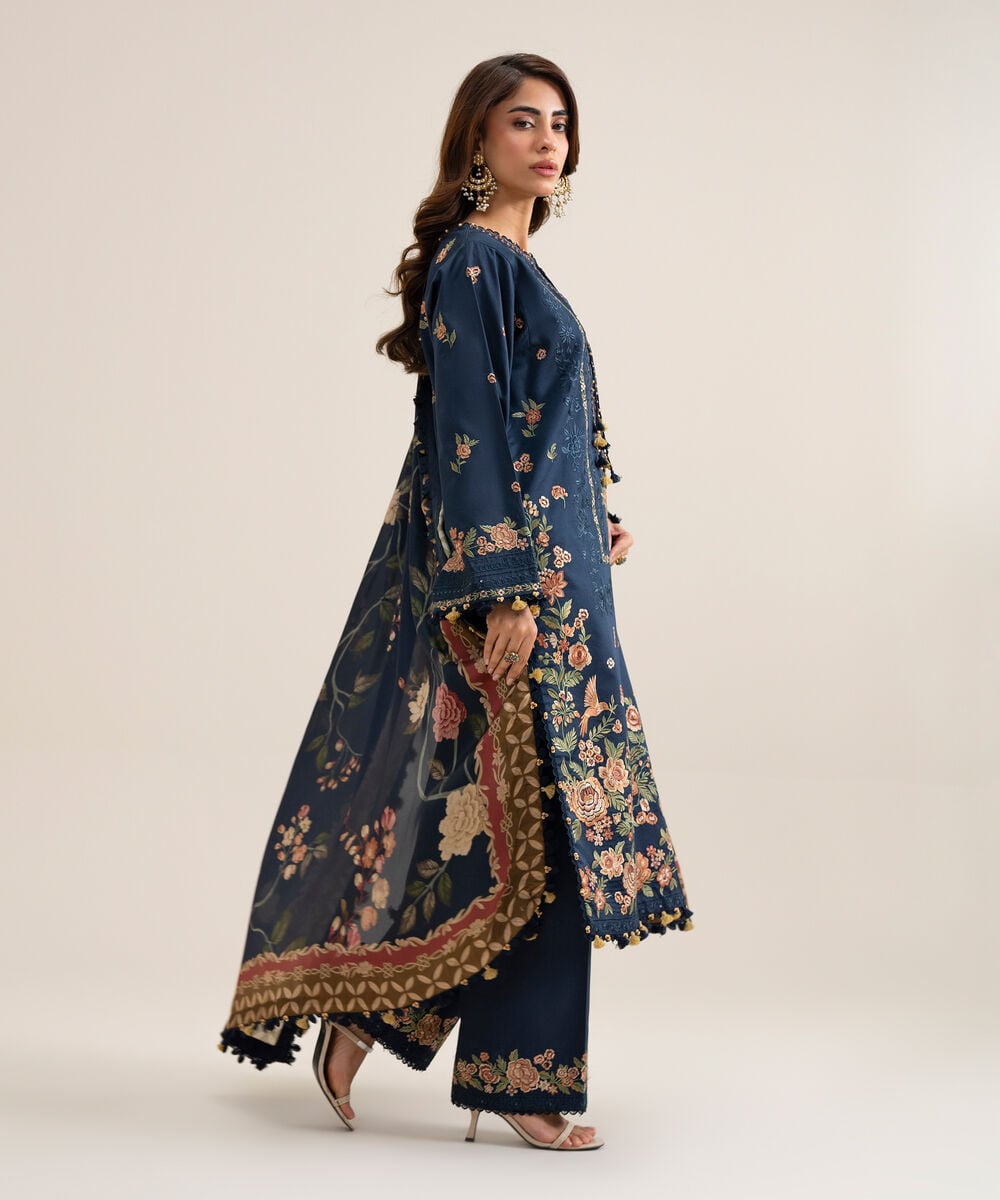Women's Unstitched Cotton Embroidered Multi 3 Piece Suit